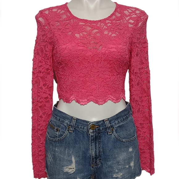 Pink Lace Long-Sleeve Crop Top B Darlin Size 7/8 - Picture 3 of 7